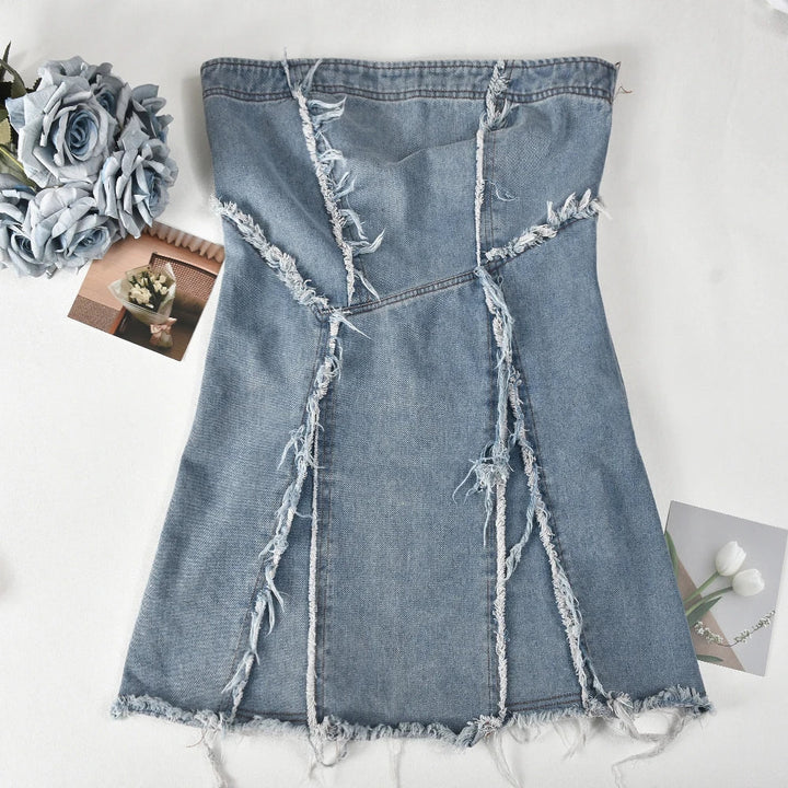 Strapless denim dress with frayed hem