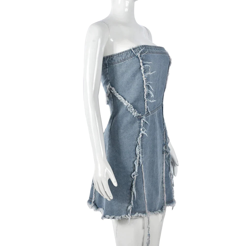 Strapless denim dress with frayed hem