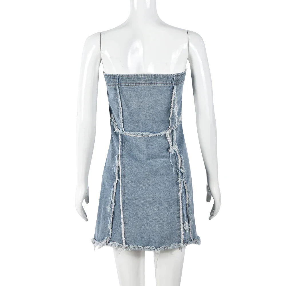 Strapless denim dress with frayed hem