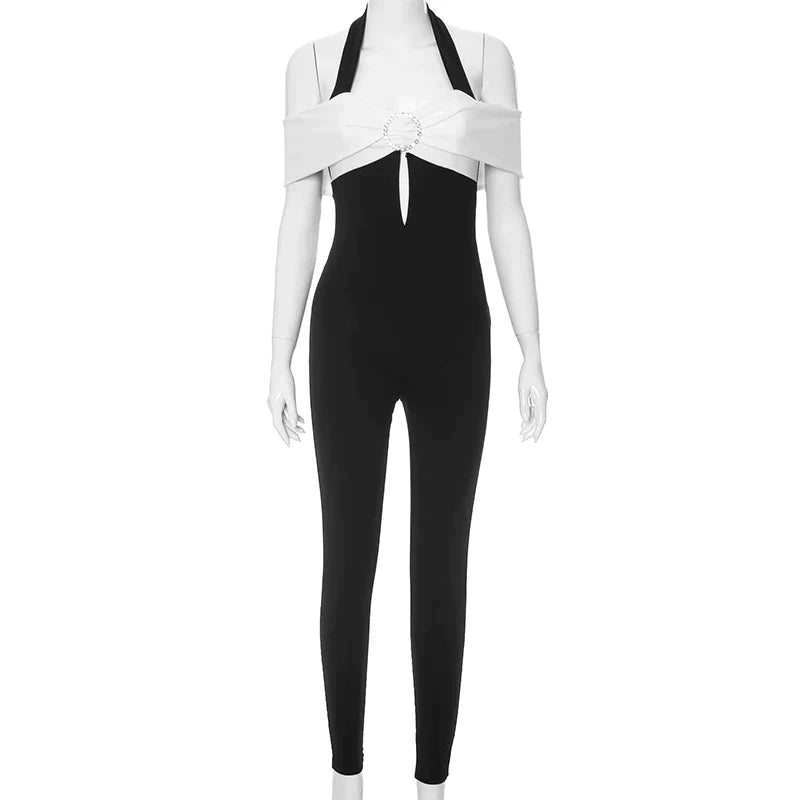 Monochrome jumpsuit with halterneck and bow accent