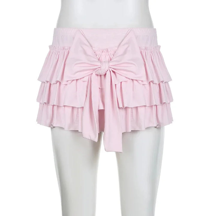 Shorts with ruffled hem and satin bow detail