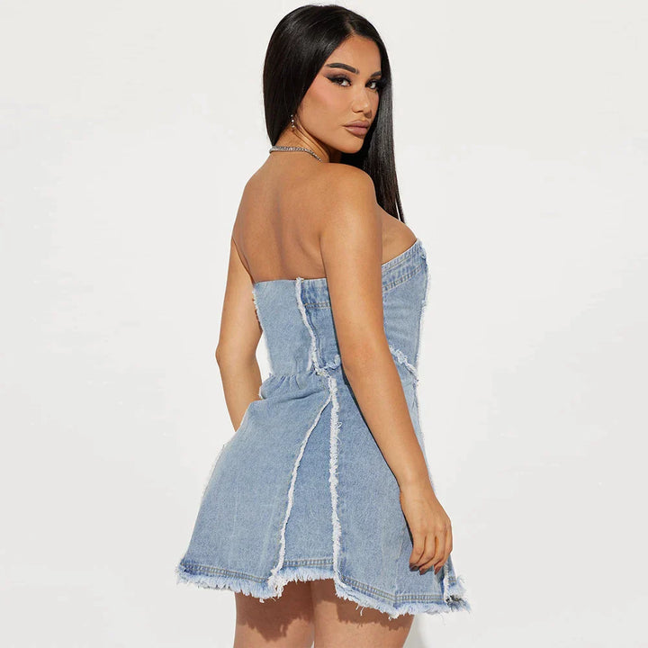 Strapless denim dress with frayed hem