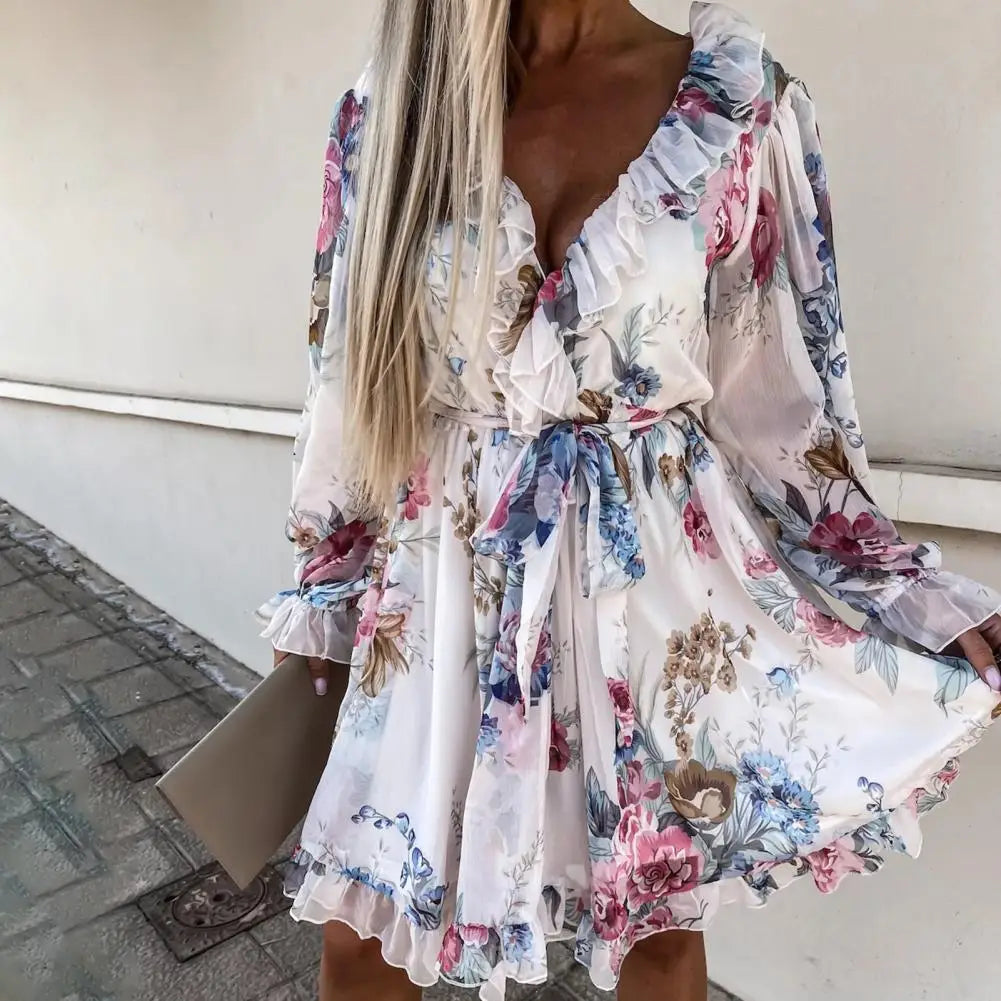 Deep V-neck chiffon dress with floral pattern