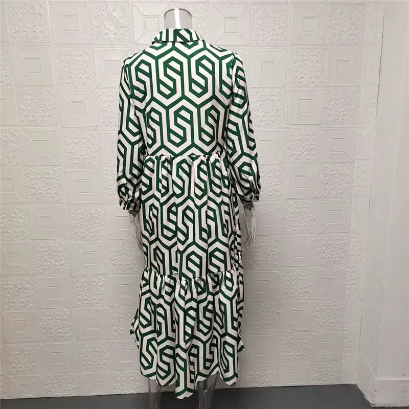 Long-sleeved dress with geometric pattern