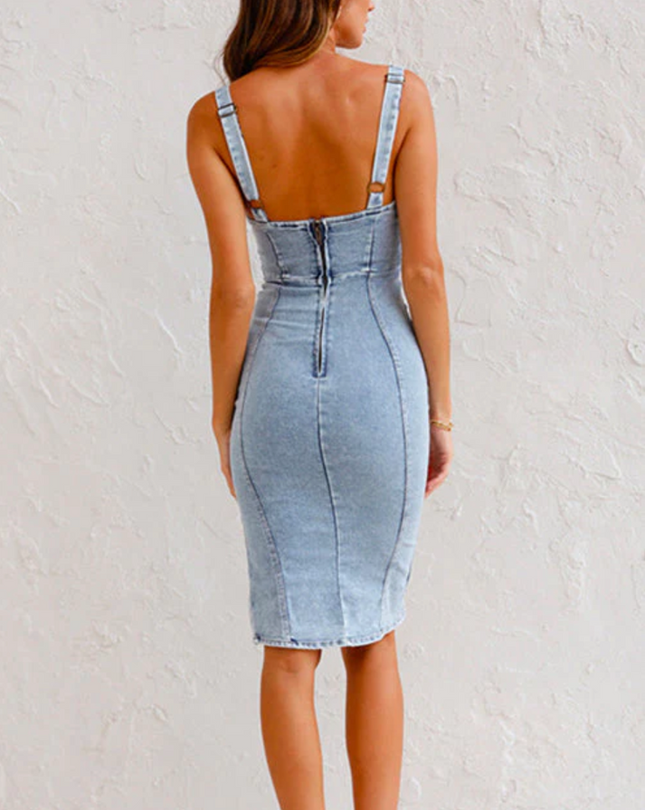 Slit stretch denim dress