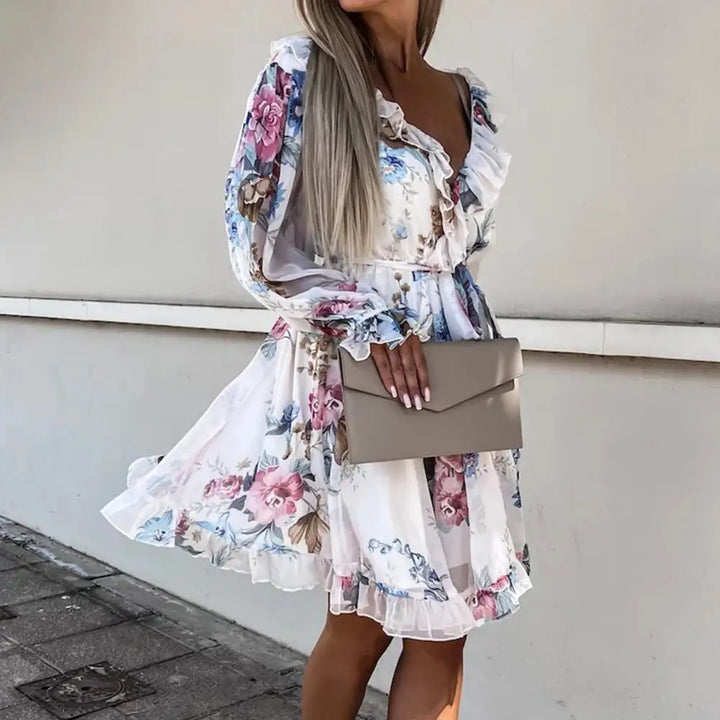 Deep V-neck chiffon dress with floral pattern