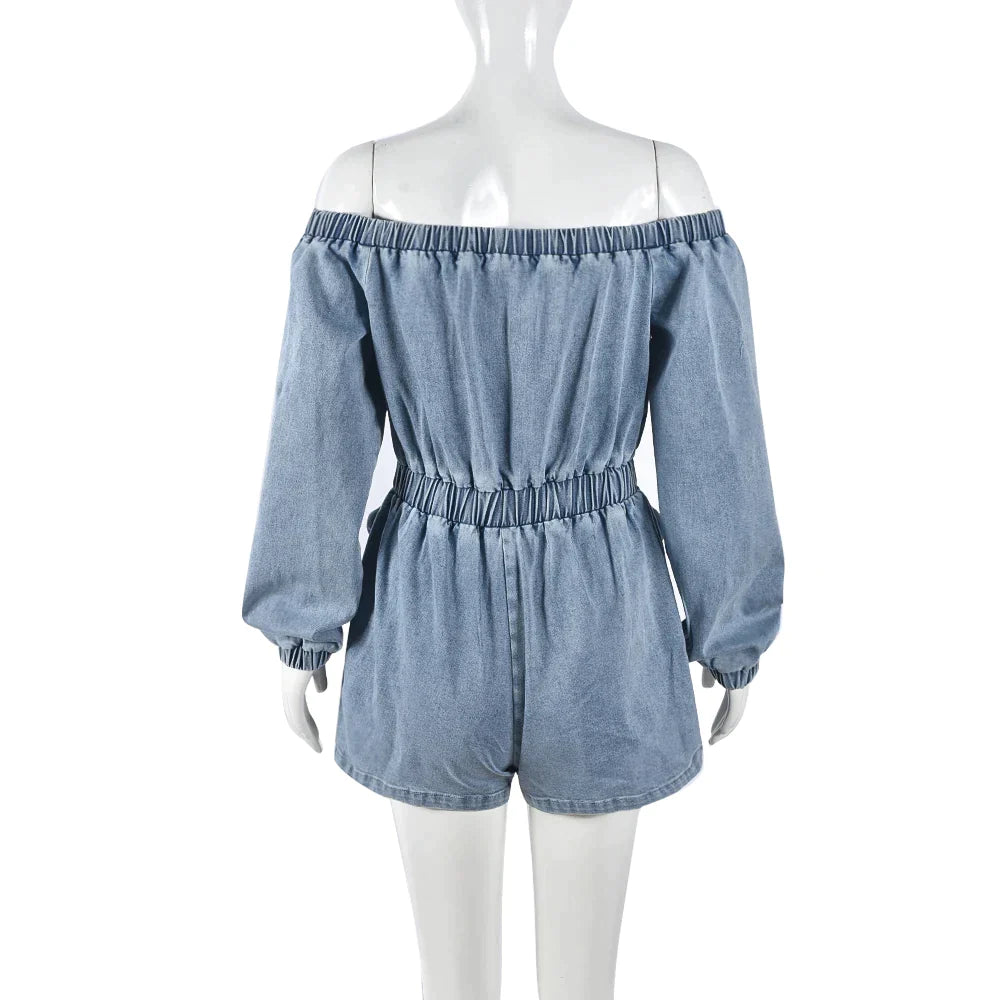 Off-the-shoulder denim playsuit with drawstring waist