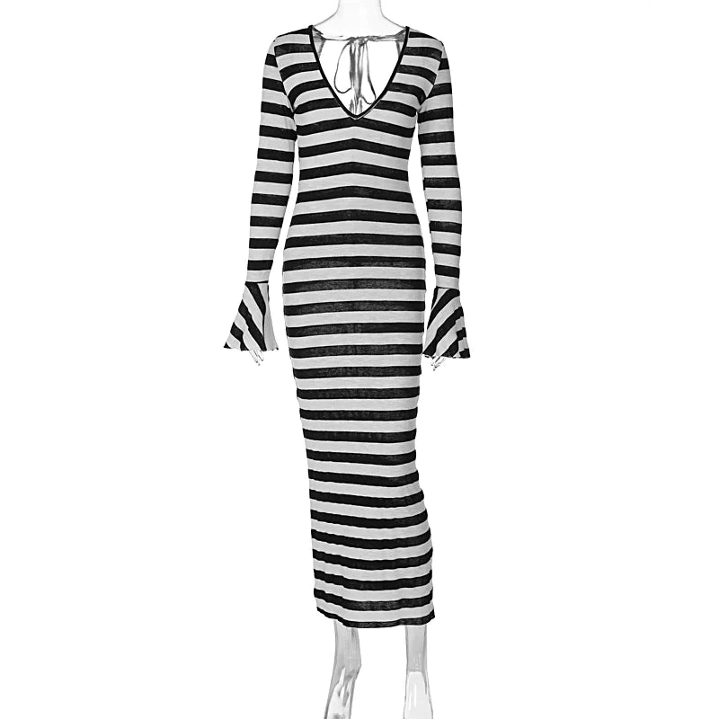 Maxi dress with plunging neckline and stripes