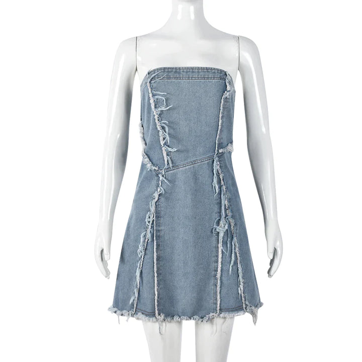 Strapless denim dress with frayed hem