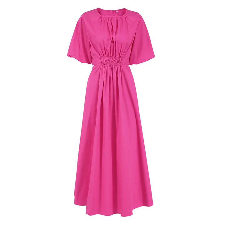 Midi dress with puff sleeves and gathered waist