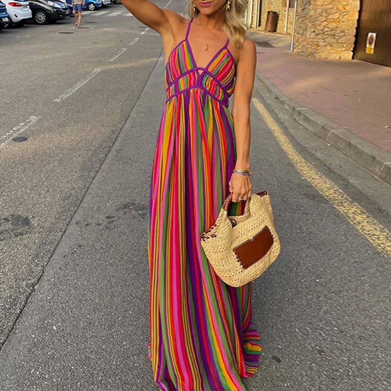 Vibrant striped maxi dress with waist cinching