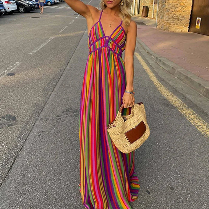 Vibrant striped maxi dress with waist cinching