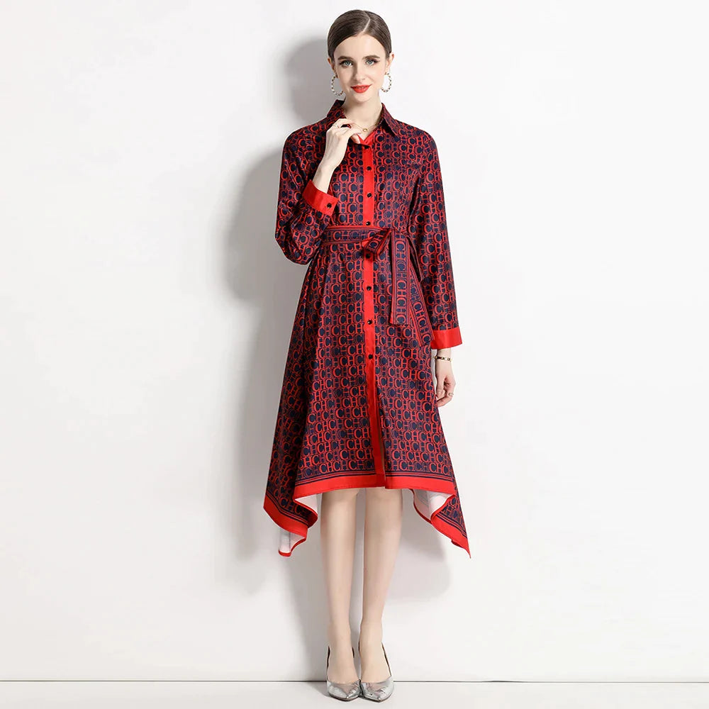 Asymmetric shirt dress with print and belt