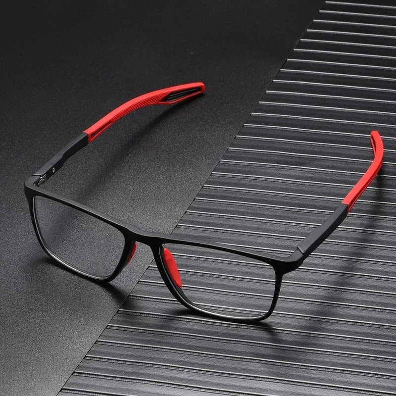 Contemporary rectangular glasses with coloured temples