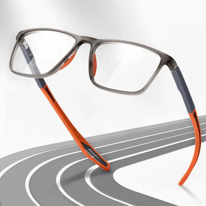 Contemporary rectangular glasses with coloured temples