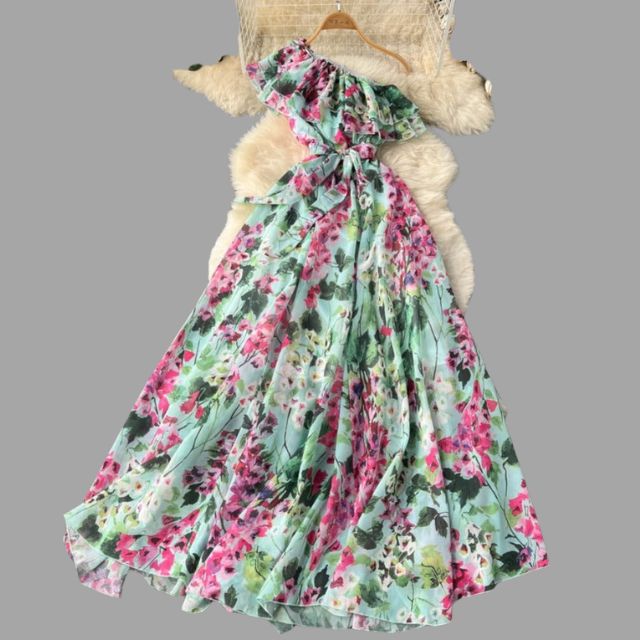 Floral dress with halterneck and ruffle detail