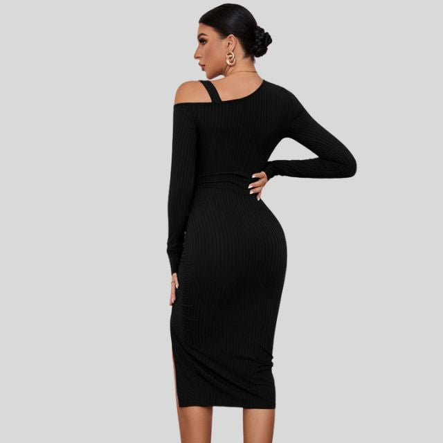 Ribbed knit dress with asymmetric shoulder