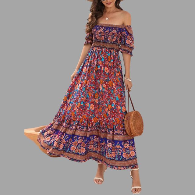 Boho maxi dress with floral pattern and off-the-shoulder cut