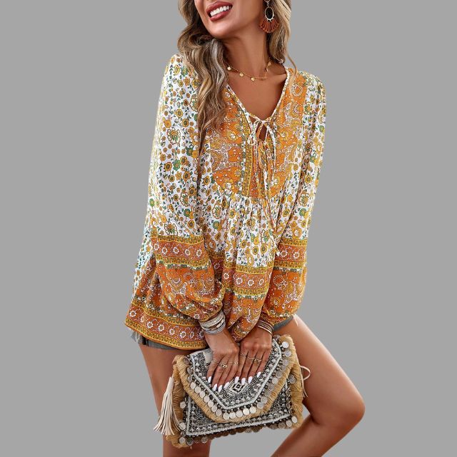 Bohemian paisley pattern tunic with lacing at the neckline