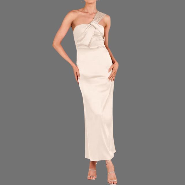 One-shoulder satin dress with draped detail