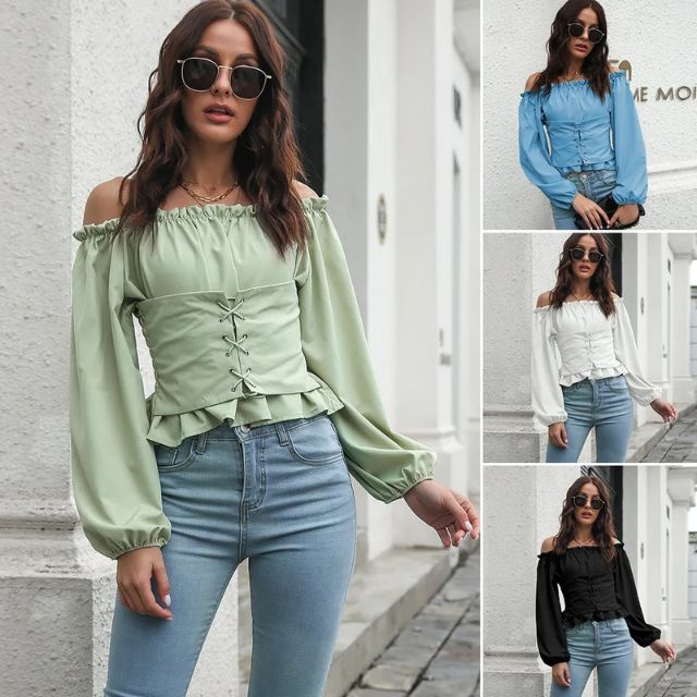 Off-the-shoulder blouse with lace-up front