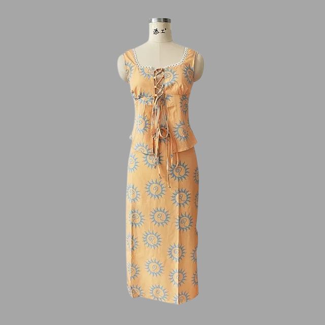 Boho chic maxi dress and top set with sunray print