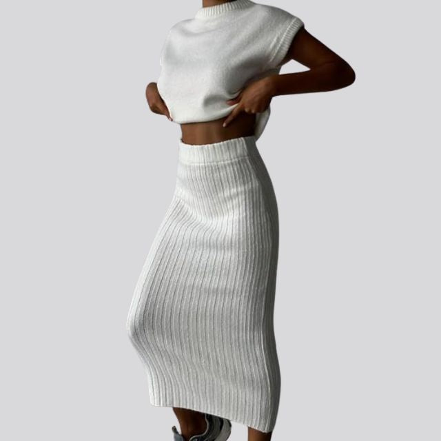 Sleeveless Knitted Top and Matching Ribbed Midi Skirt Set