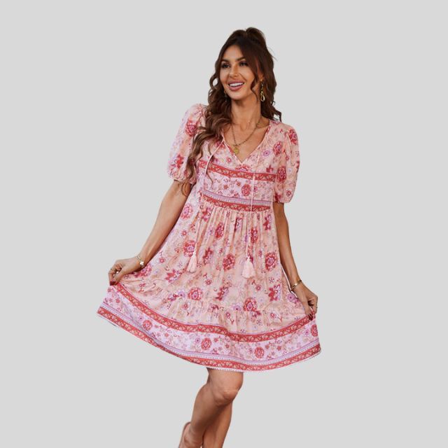 Boho-chic floral dress with high waist