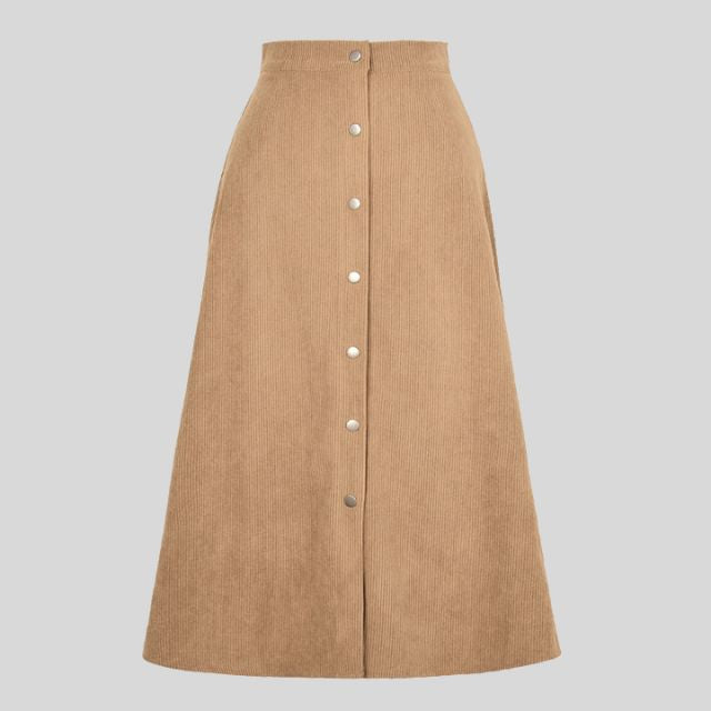 Ribbed A-line midi skirt with button placket