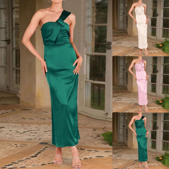 One-shoulder satin dress with draped detail