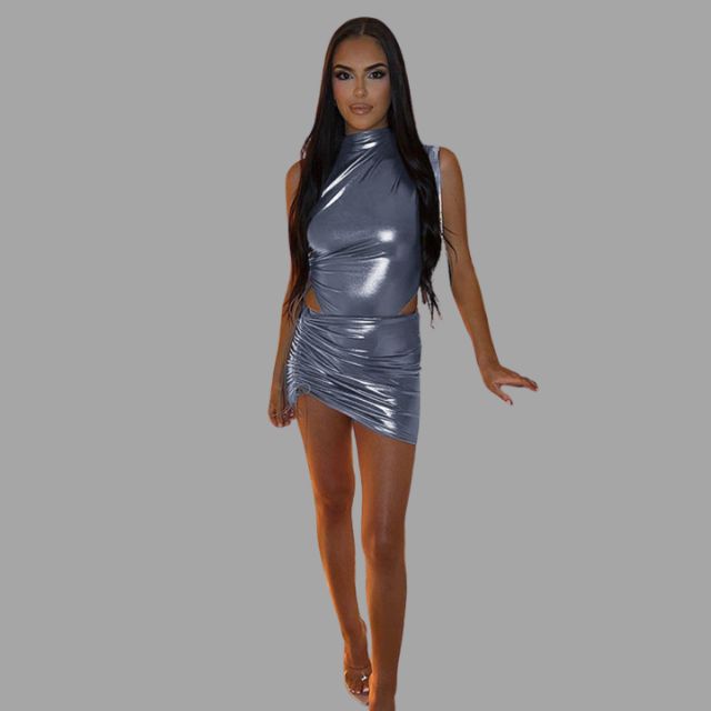 Metallic set comprising a sleeveless top and skirt with cut-out details