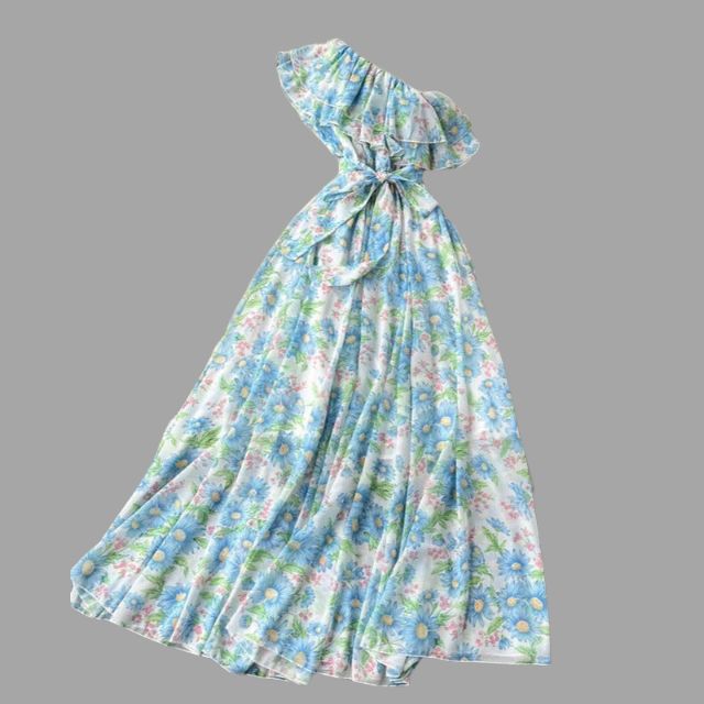 Floral dress with halterneck and ruffle detail