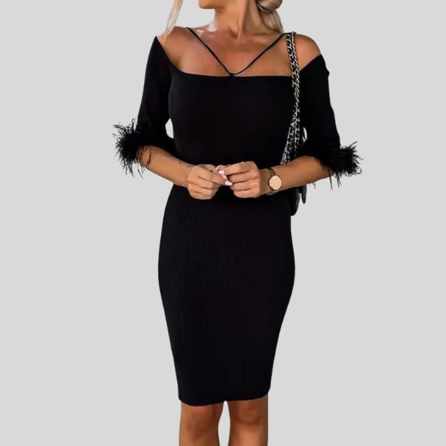 Off-the-shoulder ribbed dress with feather trim