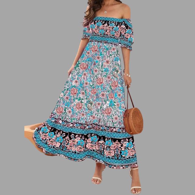 Boho maxi dress with floral pattern and off-the-shoulder cut