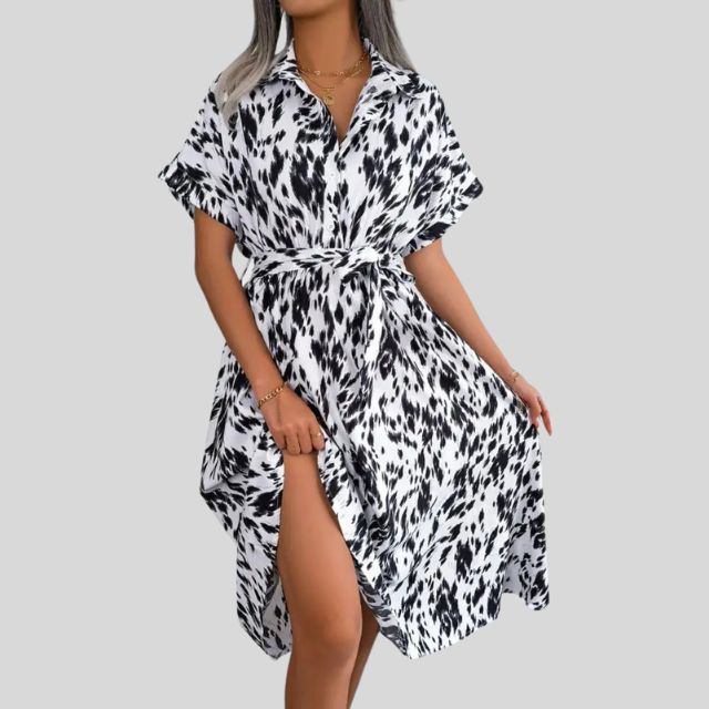 Flowing shirt dress with gathered waist