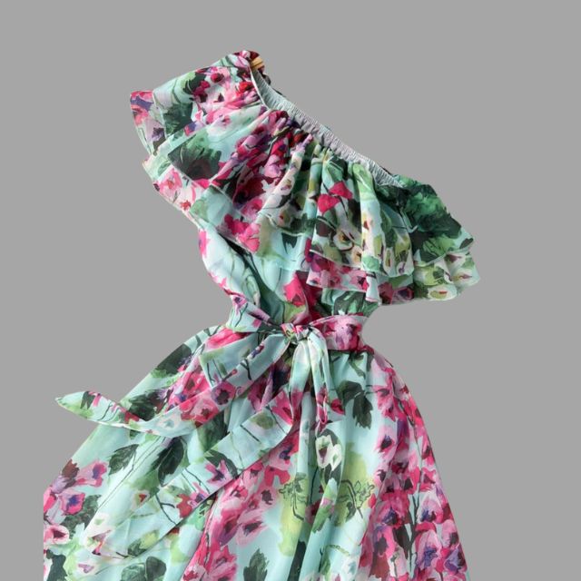 Floral dress with halterneck and ruffle detail