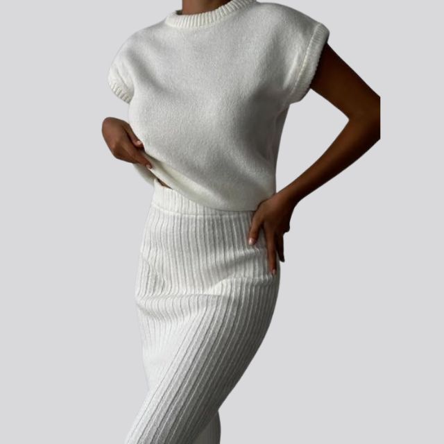 Sleeveless Knitted Top and Matching Ribbed Midi Skirt Set