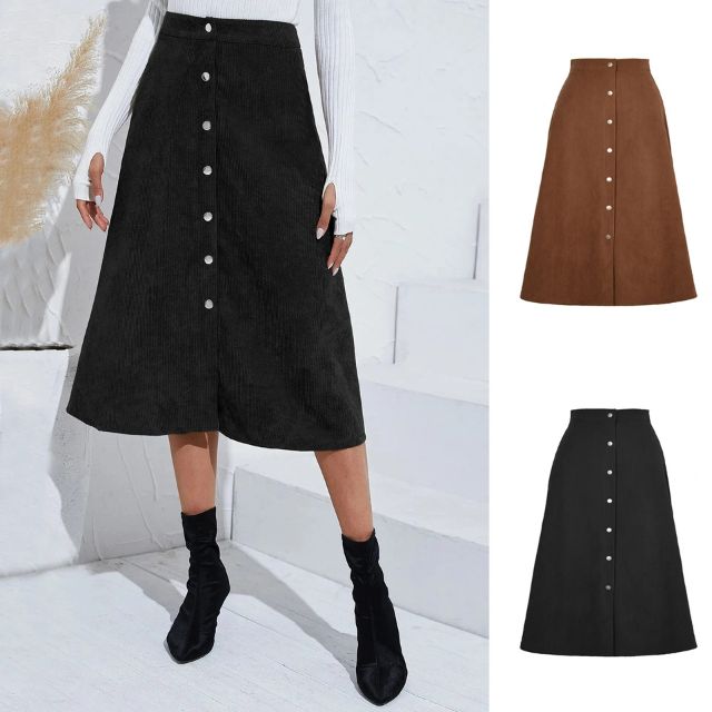 Ribbed A-line midi skirt with button placket