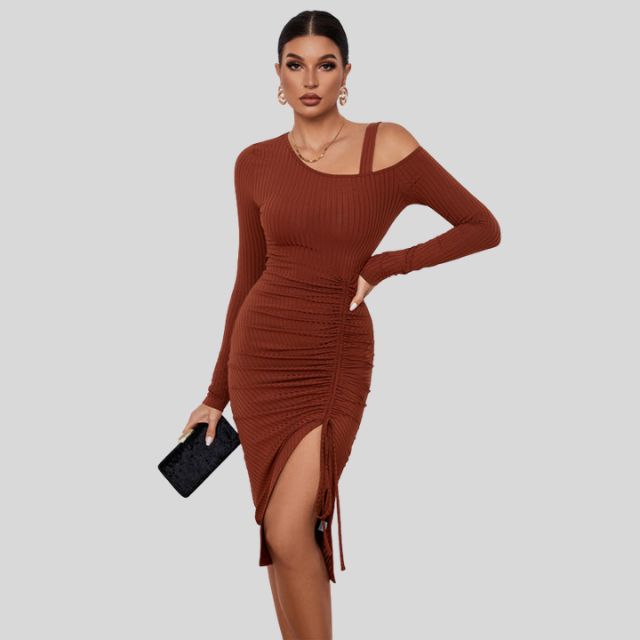 Ribbed knit dress with asymmetric shoulder