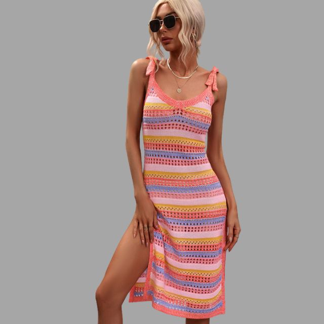 Crochet knit midi dress with ruffle details at the shoulders