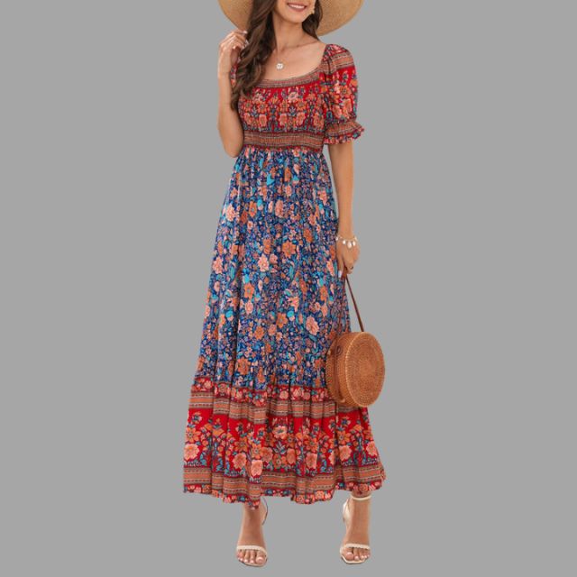 Boho maxi dress with floral pattern and off-the-shoulder cut