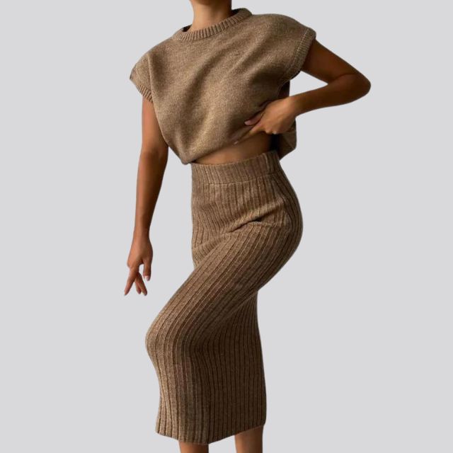 Sleeveless Knitted Top and Matching Ribbed Midi Skirt Set