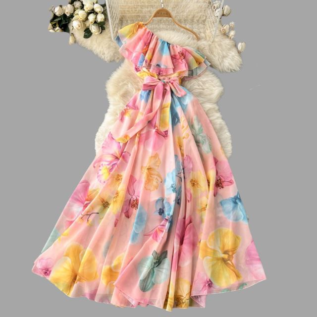 Floral dress with halterneck and ruffle detail