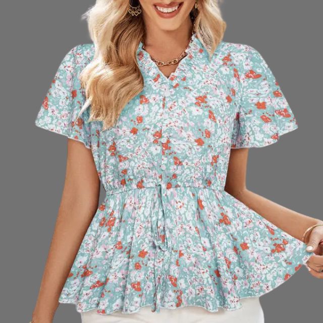 Floral peplum blouse with V-neckline