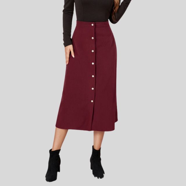 Ribbed A-line midi skirt with button placket