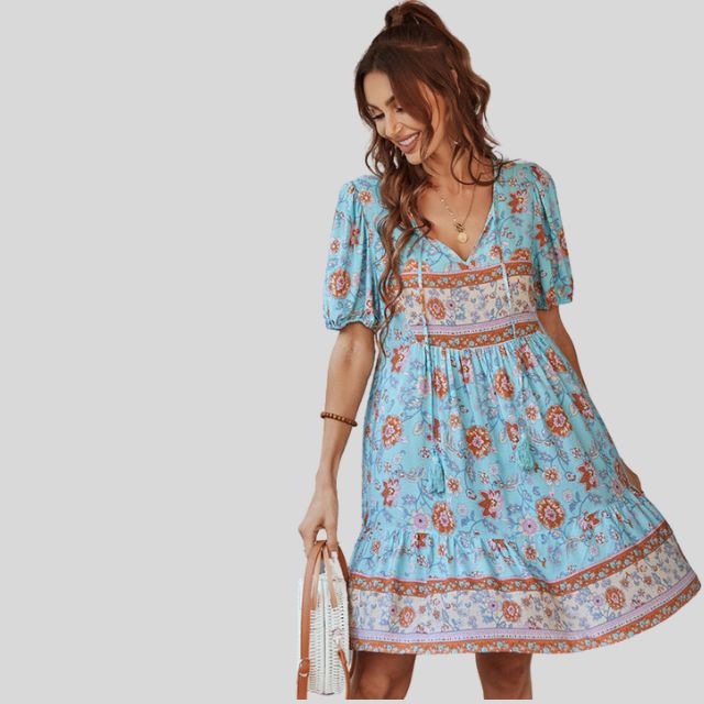 Boho-chic floral dress with high waist