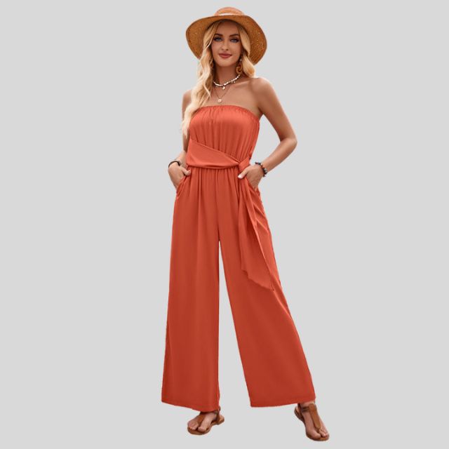 Off-the-shoulder jumpsuit with waist tie