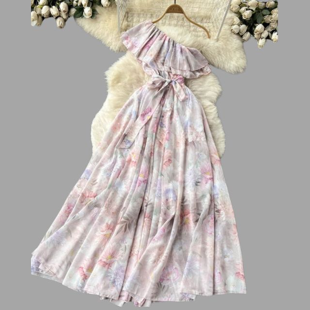 Floral dress with halterneck and ruffle detail