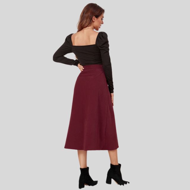 Ribbed A-line midi skirt with button placket