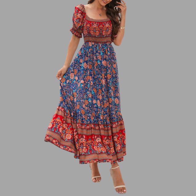 Boho maxi dress with floral pattern and off-the-shoulder cut